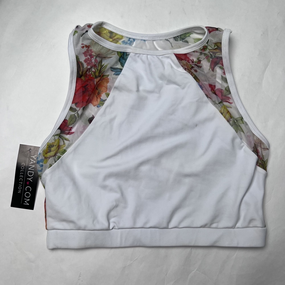 Yandy White Floral Print Mesh Swimsuit Top High Neck Size M